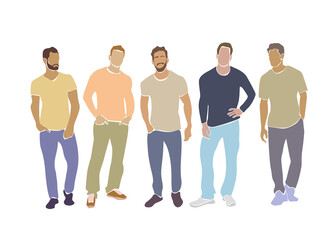 Colorful abstract vector illustration of five young men in t-shirts and pants