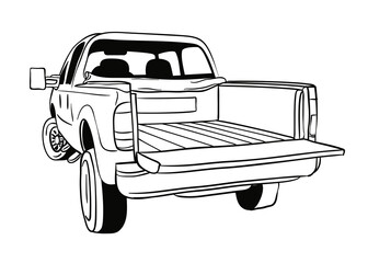 Black and white vector line art drawing of a pickup truck from behind