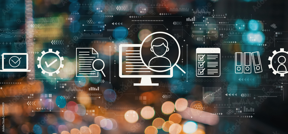 Poster document management system concept with blurred city abstract lights background