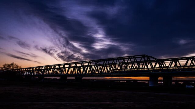 Railway bridge sunset, Tonegawa,Japan,hyperlapse 