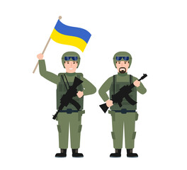 two ukrainian soldiers officers with ukraine flag stop war vector illustration