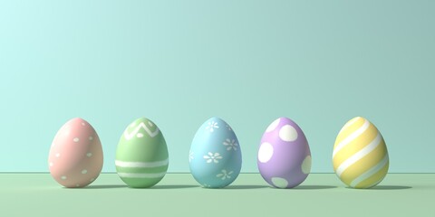 Colorful hand decorated Easter eggs with spring holiday pastel colors