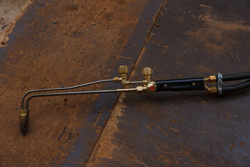 Equipment for metal cutting. Gas cutting torch. Oxygen acetylene oxy welding cutting torch kit. Site