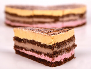 Chocolate strawberry yogurt cake on white table. Delicious and sweet pink strawberry cake for valentine or birthday party. Homemade oven concept