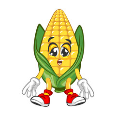Cute tired corn character. Vector hand drawn cartoon kawaii mascot illustration icon. Isolated on white background. Corn character concept