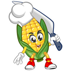 Cute corn character being chef and his knife. Vector hand drawn cartoon kawaii mascot illustration icon. Isolated on white background. Corn character concept