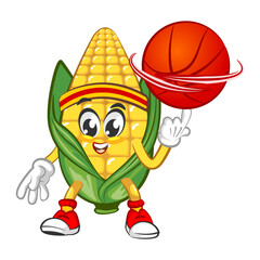 Cute corn character play basketball. Vector hand drawn cartoon kawaii mascot illustration icon. Isolated on white background. Corn character concept