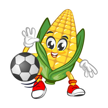 Cute corn character play soccer or foot ball. Vector hand drawn cartoon kawaii mascot illustration icon. Isolated on white background. Corn character concept