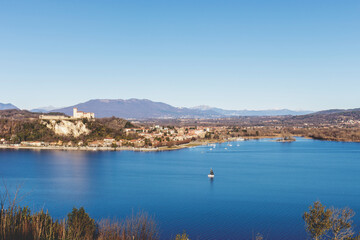 Fototapeta premium Aerial view of Lake Maggiore, Italy. Lake Maggiore is one of the most important lake in northern Italy.
