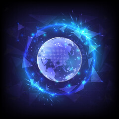 Security privacy safe. Glowing sphere of hexagon and globe. High technology protect. Computer of antivirus and criminal. Protection and immunity in the form of energy shield. Polygon background