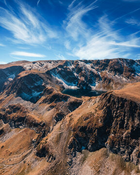 Sunrise aerial view of seven rila lakes in Bulgaria