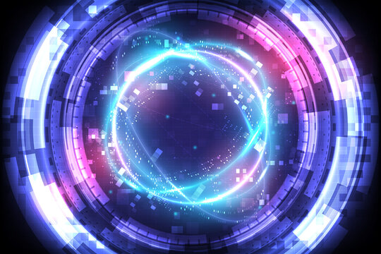 Time machine Glowing HUD circle. Abstract technology background. Power energy of speed element. Luminous sci-fi. Spinning neon lights cosmic. Futuristic swirl universe trail effect. Teleport gate