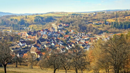 malerischer Blick von oben auf Stadt Wildberg im Schwarzwald mit Wald und Wiesen im Fr&uuml;hling