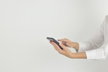 Hand woman using modern smartphone on white background.