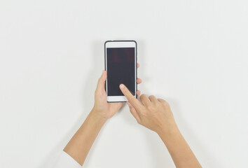 Hand woman using modern smartphone on white background.