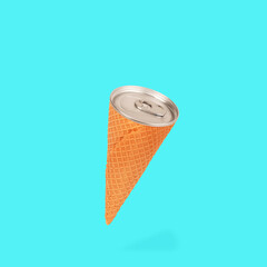 Abstract tin can top metal aluminum on ice cream cone summer food industry symbol. Environment...