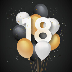 Happy 18th birthday balloons greeting card background. 18 years anniversary. 18th celebrating with confetti. 