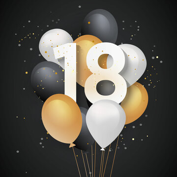 Happy 18th birthday balloons greeting card background. 18 years anniversary. 18th celebrating with confetti. "Illustration stock"