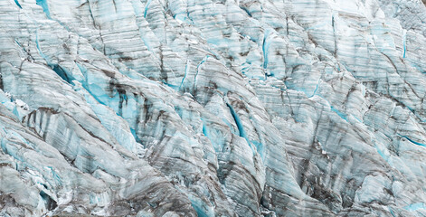 Glacier close up panorama of the Cayambe volcano, Cayambe Coca national park, Andes mountains,...