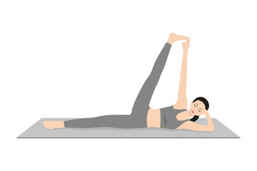 Side Reclining Leg Lift Pose, Vishnu Pose, Eternal One Pose. Beautiful girl practice Anantasana. Young attractive woman practicing yoga exercise. working out, black wearing sportswear, grey pants