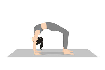 Wheel pose, Chakrasana, Upward Bow Pose. Beautiful girl practice Urdhva Dhanurasana. Young attractive woman practicing yoga exercise. working out, black wearing sportswear, grey pants and top, indoor