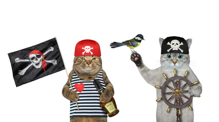 An ashen cat in a pirate bandana with a bottle of rum is at a helm of a ship. White background....