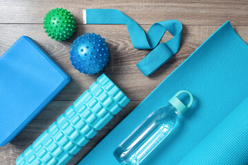 Fitness or yoga background. Equipment for  home training. Top view. Flat lay. Knolling