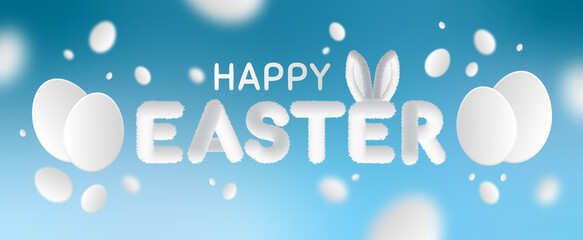 Happy easter with rabbit ears and white eggs on blue background