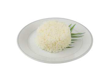 Cooked rice laid on top of banana leaves in a white plate on white background
