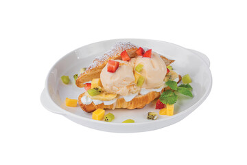 Croissant with.Ice cream and fresh fruit in white plate