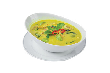 Green curry It's in a white cup against a white background.