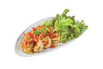 Stir Fried Shrimp with Chili and Salt in a white plate