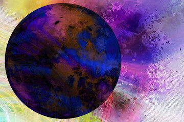 sphere on abstract background of paint splatters and lines, dark side, eclipse