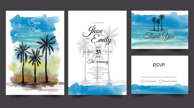 wedding invitation set with beach and palm tree watercolor background