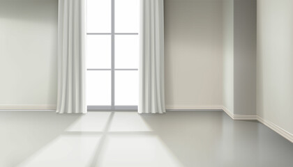 3d realistic vector background. Living room empty interior. Window with long curtains. Sunlight in the room.