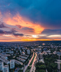 Panoramic Dawn view of Varna city. Famous monument of comunist party and beatiful skyline . Colorful morning scene of Bulgaria, Europe. Traveling concept background.