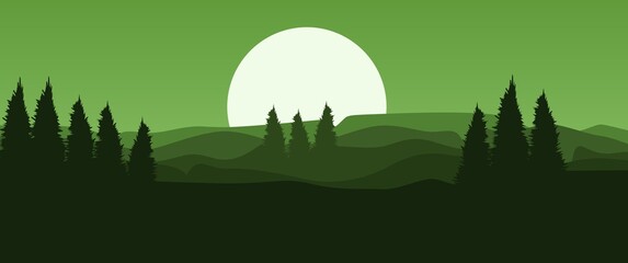 Nature vector landscape illustration of pine forest at the evening or dawn, dawn at the pine forest. Good for background, banner, ads banner, adventure or nature theme banner, desktop wallpaper.