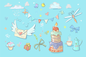 Set of birthday party elements with tea pot and cake.Vector illustration.