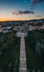 Panoramic Dawn view of Varna city. Famous monument of comunist party and beatiful skyline . Colorful morning scene of Bulgaria, Europe. Traveling concept background.