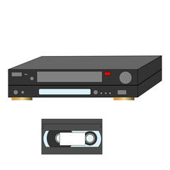 An analog VCR and videotape next to it.