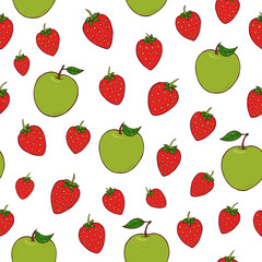 Seamless vector pattern of strawberries and apples. Decoration print for wrapping, wallpaper, fabric, textile.