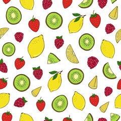 Seamless vector pattern of fruits and berries. Decoration print for wrapping, wallpaper, fabric, textile.