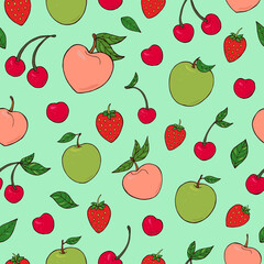 Seamless vector pattern of fruits and berries. Decoration print for wrapping, wallpaper, fabric, textile.