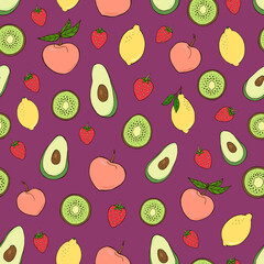 Seamless vector pattern of fruits and berries. Decoration print for wrapping, wallpaper, fabric, textile.