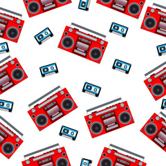 An analog portable tape recorder and audio cassette on a white background.