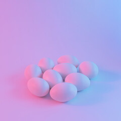 Easter eggs with gradient purple and blue holographic neon colors light. Minimal food concept. Surrealism background.