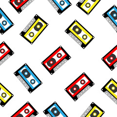An analog audio cassette on a white background.