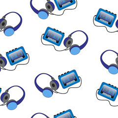 Portable cassette audio player and headphones on a white background.