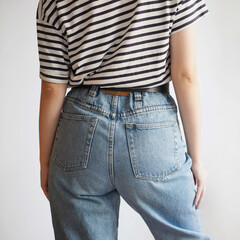 Woman wearing vintage mom jeans and striped t-shirt on white background.