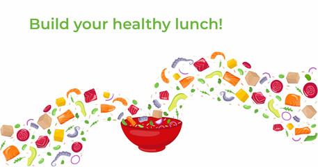 Build your healthy lunch - flying poke bowl ingredients with text. Natural food diet concept. Vector stock illustration for banner, menu fast food restaurant, isolated on white background. 